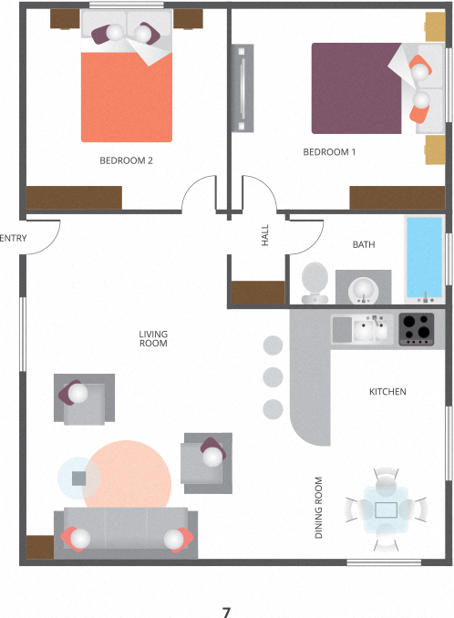 Floor plan for 2 beds, 1 bath, 800 sqft